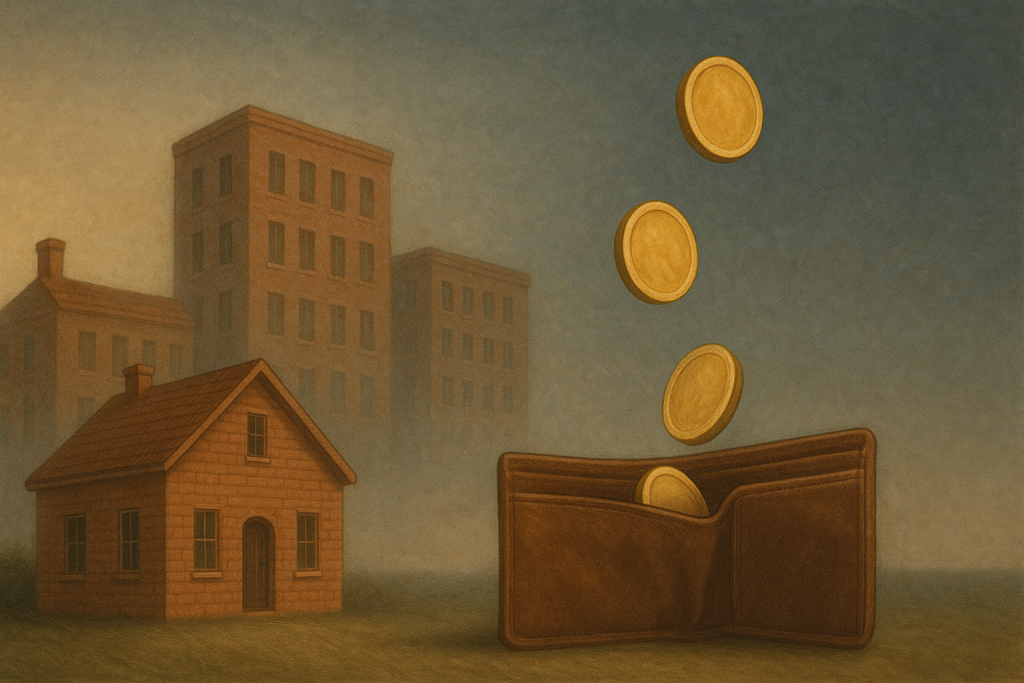 Peinture surréaliste montrant trois bâtiments en briques et une petite maison sur un terrain herbeux, avec des pièces dorées tombant dans un portefeuille en cuir devant un ciel dégradé du bleu au beige.