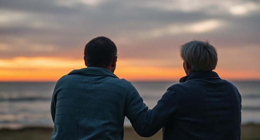 Deux personnes assises de dos au bord de la mer, regardant ensemble un coucher de soleil, l'une posant affectueusement sa main sur l'épaule de l'autre.