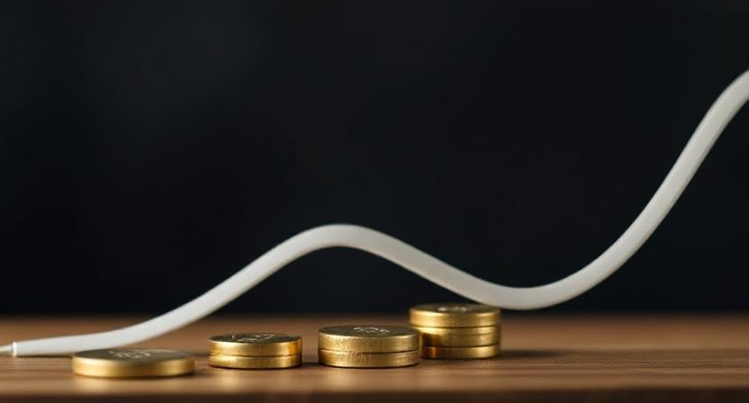 Piles de pièces de monnaie dorées alignées sur une table, avec une courbe blanche ondulée passant au-dessus, symbolisant l’évolution ou la croissance financière.
