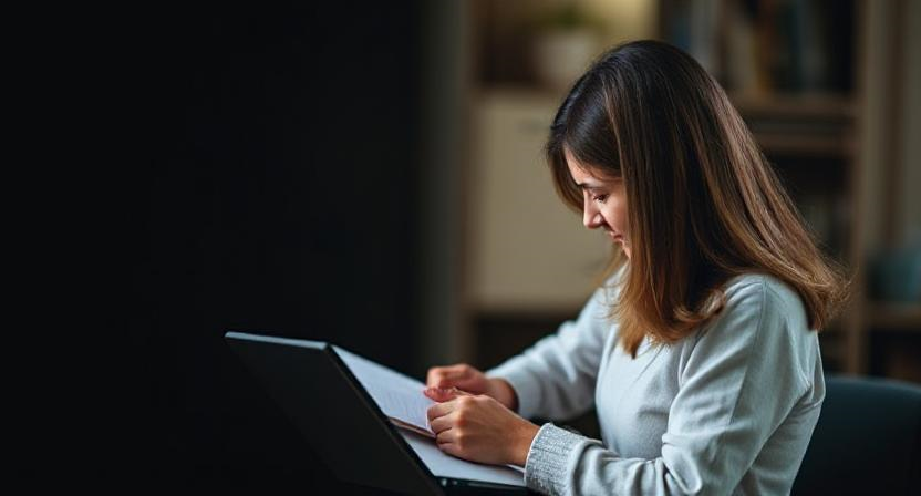 Femme travaillant sur un ordinateur portable et consultant un document