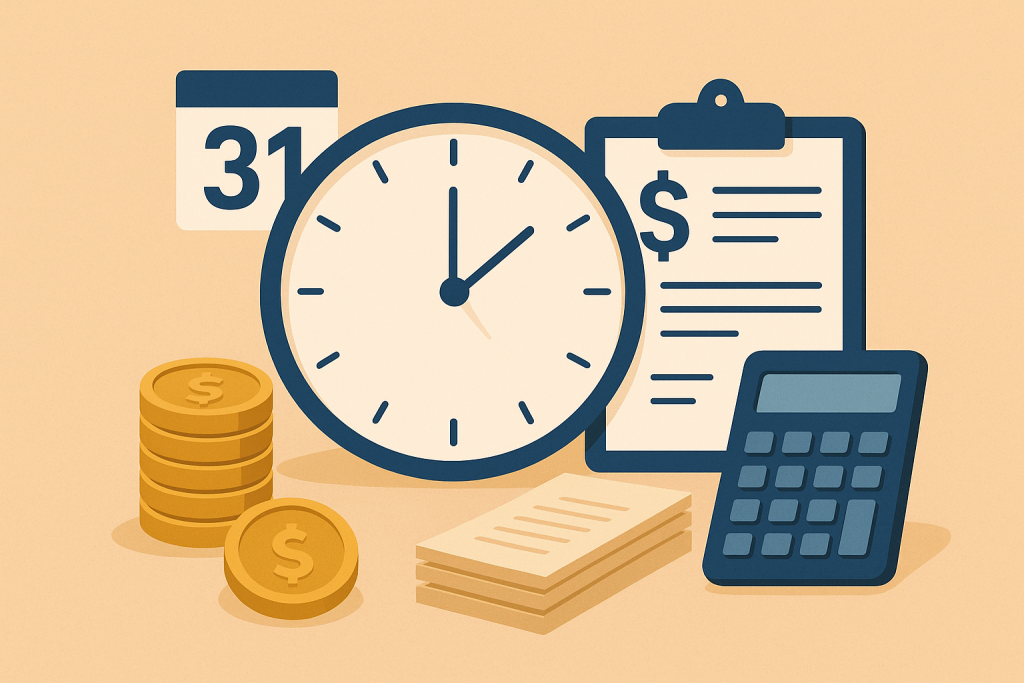 Illustration représentant la planification fiscale avant la fin de l’année. On y voit une grande horloge, une calculatrice, des pièces de monnaie dorées, une pile de documents et un calendrier indiquant le 31, symbolisant l’échéance du 31 décembre pour optimiser sa fiscalité.