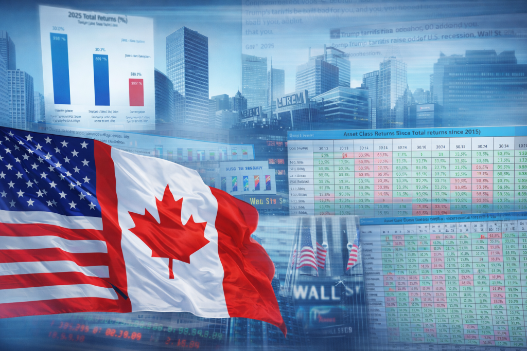 Image de bannière illustrant les relations entre les États-Unis et le Canada en 2025, combinant les drapeaux américain et canadien avec des panoramas urbains et des graphiques financiers pour suggérer les tendances économiques et commerciales.