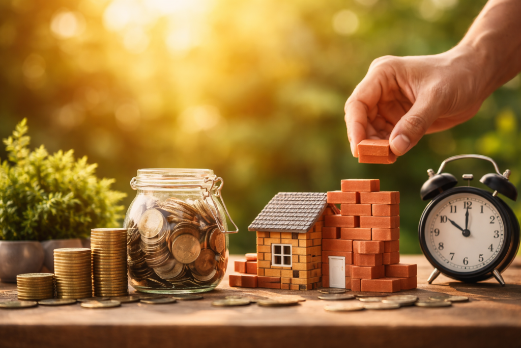 Des mains empilent de petites briques pour construire une maison miniature, à côté de pièces de monnaie et d’un réveil, symbolisant la construction progressive d’un plan de retraite.