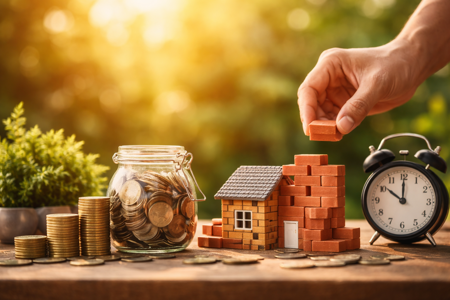 Des mains empilent de petites briques pour construire une maison miniature, à côté de pièces de monnaie et d’un réveil, symbolisant la construction progressive d’un plan de retraite.