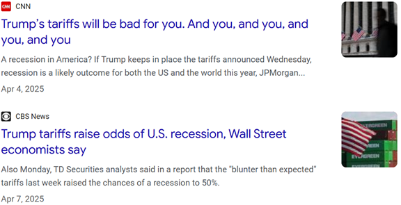 Les titres de CNN et de CBS News avertissent que les tarifs douaniers de Trump augmentent la probabilité d'une récession américaine, datés d'avril 2025.