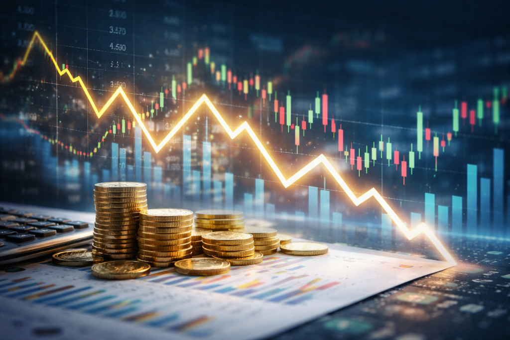 Des pièces d'or et des documents financiers, avec en arrière-plan un graphique boursier en baisse, illustrant la volatilité du marché et les fluctuations des investissements.